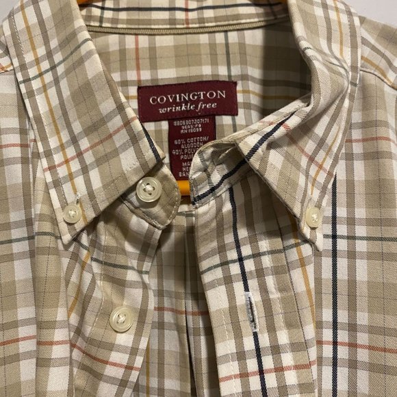 Covington Wrinkle Free Beige Plaid Button Down Men's Shirt - Medium - Picture 3 of 9